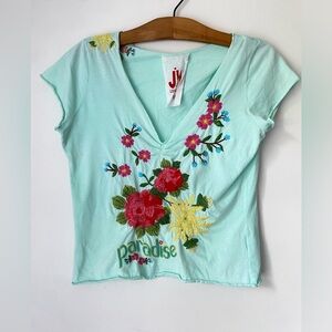 Johnny Was Top Women's Small Light Blue Floral Embroidered Top Floral Paradise